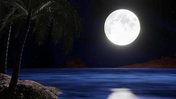 The full moon at night was full of stars and a faint mist. A wooden bridge extended into the sea. Fantasy image at night, super moon, sea water wave. 3D Rendering video