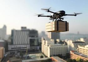 Delivery drone with pizza box, Business air transportation photo