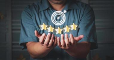 Hand shows the sign of the top service Quality assurance 5 star, Customer Experience Concept, Best Excellent Services for Satisfaction present by Opened Hand of Client giving a Five Star Rating photo