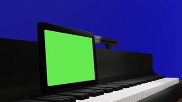 l'idea per imparare il pianoforte online da solo a casa. schermata blu sul muro per lo sfondo. schermo verde, schermo del laptop e computer, cellulare o smartphone. Rendering 3d. video