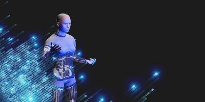 robots humanoides y código binario ai análisis de big data y conceptos de inteligencia artificial ilustraciones en 3d foto