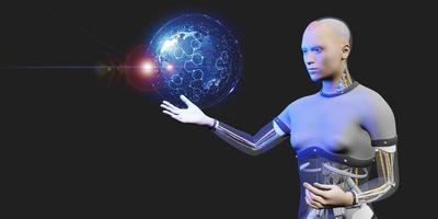 Humanoid robots for learning AI big data analytics and artificial intelligence concepts 3D illustration
