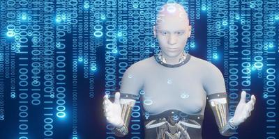 robots humanoides y código binario ai análisis de big data y conceptos de inteligencia artificial ilustraciones en 3d