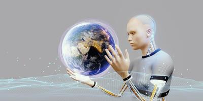 robots humanoides para aprender ai análisis de big data y conceptos de inteligencia artificial ilustración 3d