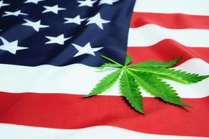 Green hemp leaf on star-spangled banner of United States of America.