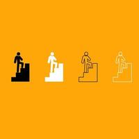 A man climbing stairs black and white set icon. vector