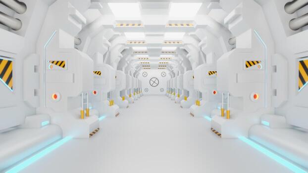 Spaceship Corridor is a stock motion graphics video that shows the interior of a moving spaceship. The POV moves along the corridor. 3D render photo