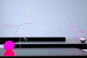 3D podium with flamingo. Abstract minimal rim showcase for product promotion. photo