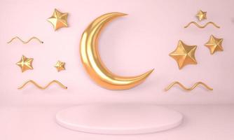 Ramadan Kareem greeting template with moon. Podium, stand on holiday light background for advertising products - 3d render illustration for cards, greetings. photo