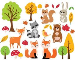 ilustración vectorial de lindos animales del bosque del bosque, incluidos ciervos, conejos, erizos, osos, zorros, mapaches, pájaros, búhos y ardillas.