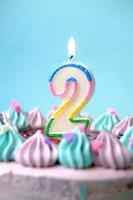 slow motion of burning candle on a birthday cake on light green background photo