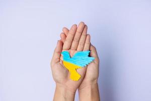 Support for Ukraine in the war with Russia, Hands holding peace dove with flag of Ukraine. Pray, No war, stop war and stand with Ukraine concepts photo