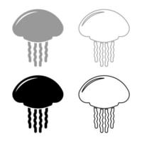 Jellyfish set icon grey black color vector illustration image solid fill outline contour line thin flat style