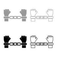 Hands in handcuffs Criminal concept Arrested punishment Bondage convict set icon grey black color vector illustration image solid fill outline contour line thin flat style