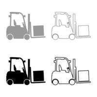 Cargo loading machine forklift truck for lifting box goods in warehouse fork lift loader freight set icon grey black color vector illustration image solid fill outline contour line thin flat style