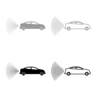 carros radio señales sensor sufrir tecnología piloto automático traseras dirección set iconos gris negro color vector ilustración imagen sólido llenar bosquejo contorno raya delgado apartamento estilo