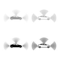 coche radio señales sensor sufrir tecnología piloto automático todo dirección set icono gris negro color vector ilustración imagen sólido llenar bosquejo contorno raya delgado apartamento estilo