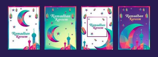 Ramadan Kareem set of posters or invitations design with attractive colors, Mosques, Islamic lanterns, stars and moons on a white background, green and purple. Place for text. vector