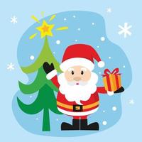 cute santa with gift and christmas tree vector