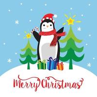 lindo pingüino con regalo y texto de feliz navidad vector
