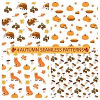 Autumn patterns set. Seamless background with autumn elements, hedgehog, leaves, pumpkin, acorns, mushrooms, mountain ash, berries. Vector illustration cartoon style.