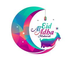 Eid Al Adha Mubarak is a celebration of white background design for the Muslim community with vector illustrations of a goat, star, lantern and crescent moon.