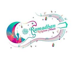 Ramadan religious music vector template with crescent moon and musical notes.