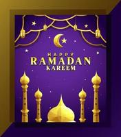 diseñe un afiche o invitación de ramadan kareem con una combinación de colores dorados, mezquita, luna creciente, linterna, estrella, minarete sobre un fondo degradado púrpura. vector