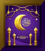 diseñe un afiche o invitación de ramadan kareem con una combinación de colores dorados, mezquita, luna creciente, linterna, estrella, minarete sobre un fondo degradado púrpura. vector