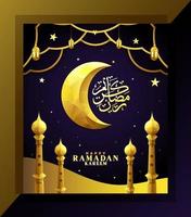 diseñe un afiche o invitación de ramadan kareem con una combinación de colores dorados, mezquita, luna creciente, linterna, estrella, minarete sobre un fondo degradado púrpura. vector