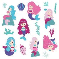 Little mermaids and elements of the underwater world. Cartoon style. vector