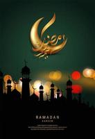 diseño de tarjeta de felicitación de Ramadán Kareem. linternas colgantes de oro del Ramadán. celebración islámica fondo árabe vector
