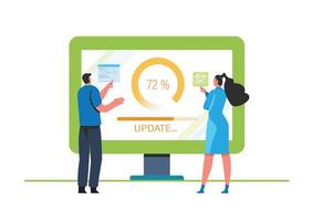 System updates with people updating operation in computing and installation programs. Flat vector illustration modern character design. For a landing page, banner, flyer, poster, web page.