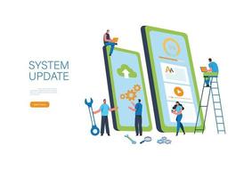 System updates with people updating operation in computing and installation programs. Flat vector illustration modern character design. For a landing page, banner, flyer, poster, web page.