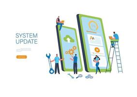 System updates with people updating operation in computing and installation programs. Flat vector illustration modern character design. For a landing page, banner, flyer, poster, web page.