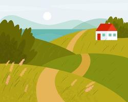 Vector landscape with road and white house. Summer fields. The road goes over the hills to the lake.