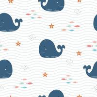 Seamless pattern on the background of marine life with whales Cute animal cartoon characters Design used for printing, background, gift wrapping, baby clothes, textile, vector illustration
