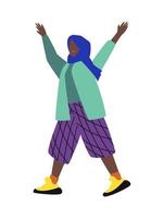 Cheerful cartoon black woman with arms raised vector