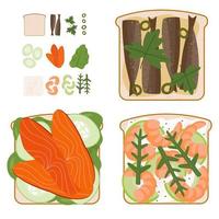 set of fish sandwiches with used ingredients vector