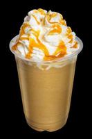 Cappuccino or Latte Coffee Smoothies with whip cream and caramel topping on top isolated.