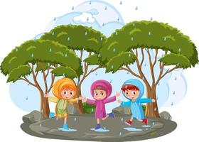 Isolated outdoor park with children playing raining vector