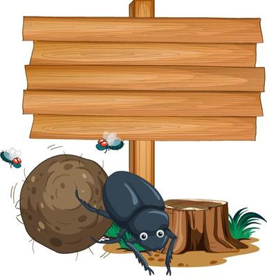 Blank wooden signboard with beetle cartoon