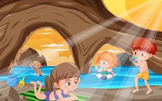 vacaciones de verano con niños en la cueva del mar vector