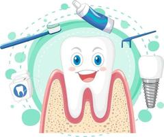 Happy tooth with dental cleaning equipment vector