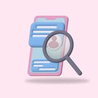 3d illustration of a phone with a magnifying glass floating on a pink background. Search for information on the Internet photo