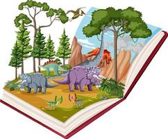 libro con escena de dinosaurios en el bosque vector