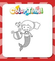 Worksheets template with color time text and Mermaid outline vector