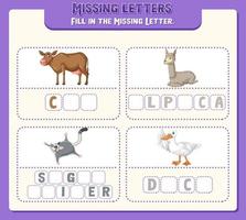 Fill the missing letter of each word worksheet for children vector