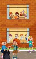 Apartment windows with neighbors cartoon character vector