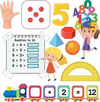 Math classroom objects with supplies and students vector